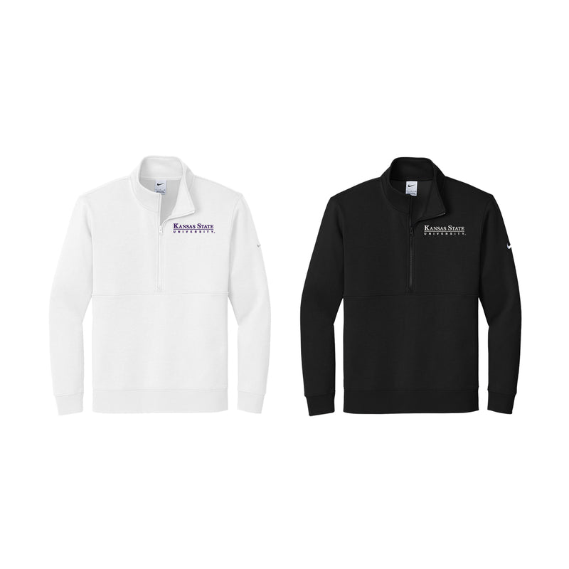Two Nike half zip K-STATE sweatshirts. Embroidered Kansas State University on the left chest. White with purple and black with white and purple