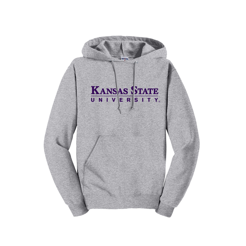 Heather Grey hooded sweatshirt printed with Kansas State University large across the front.
