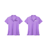 Nike buttonless ladies polo with Script Wilcats on left chest.  2 different color combos: lavender with purple and lavender with white