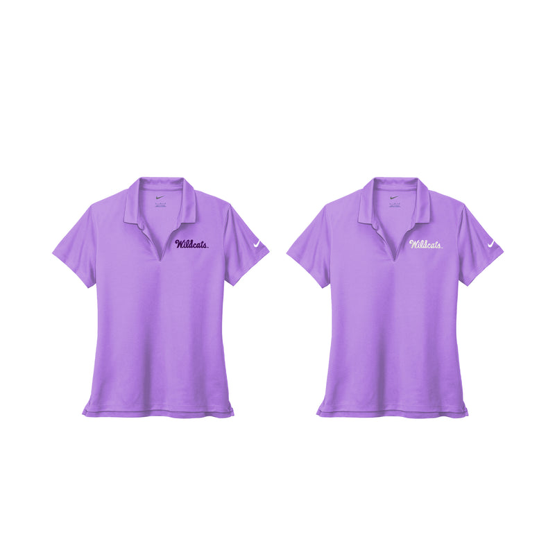 Nike buttonless ladies polo with Script Wilcats on left chest.  2 different color combos: lavender with purple and lavender with white