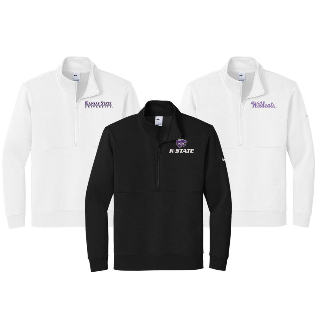 3 Nike Half Zip Sweatshirts embroidered with different k-state logos.  One white with purple Kanas State University. One white with lavender Script Wildcats. One black with white and purple K-state power cat logo.