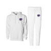 White hooded sweatshirt and jogger - both embroidered with Purple K-State