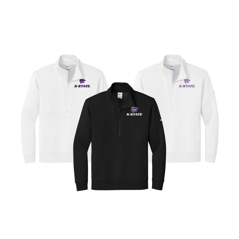 Group of 3 Nike half zip K-STATE sweatshirts.  Embroidered K-state Powercat logo on the left chest. White with lavender, white with purple and black with white and purple