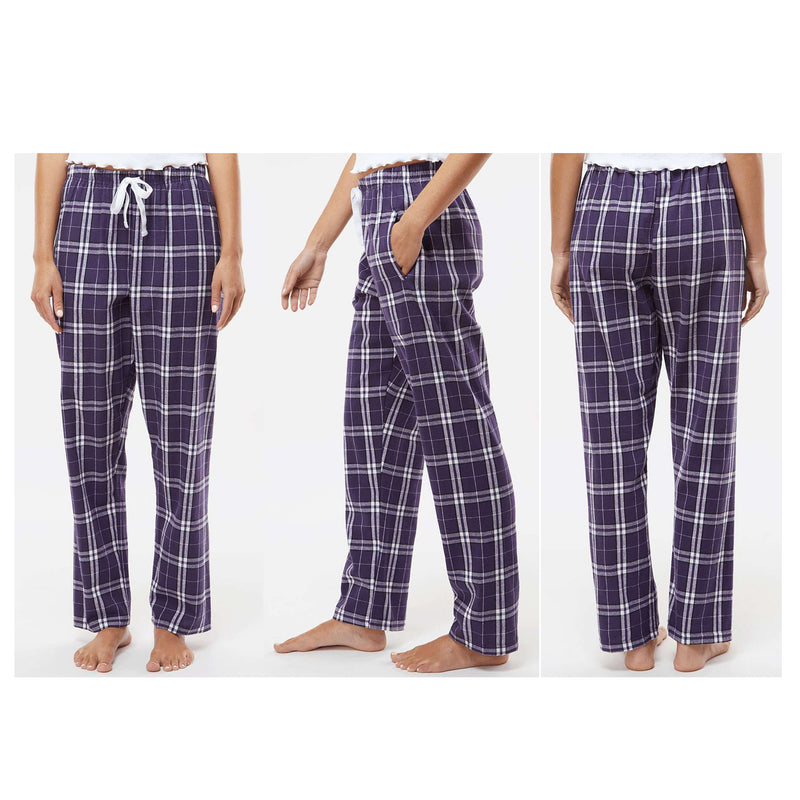 Ladies purple flannel pants on model showing front, side and back angle.