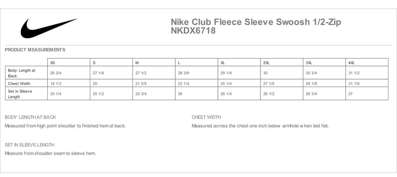 Nike Half Zip Sweatshirt Measurement Chart