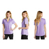 Female model wearing lavender nike polo -showing 3 different angles - front, back and side.  