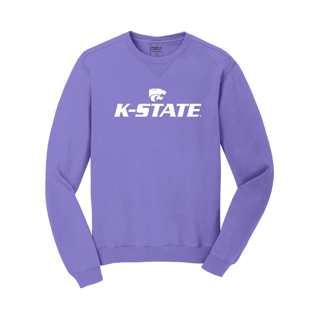Lavender crewneck printed with K-STATE Powercat logo in white