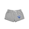Christppher Newport University Rally Shorts. Soft athletic grey shorts embroidered with the CNU Mascot Captain logo  in royal blue and white on the left leg