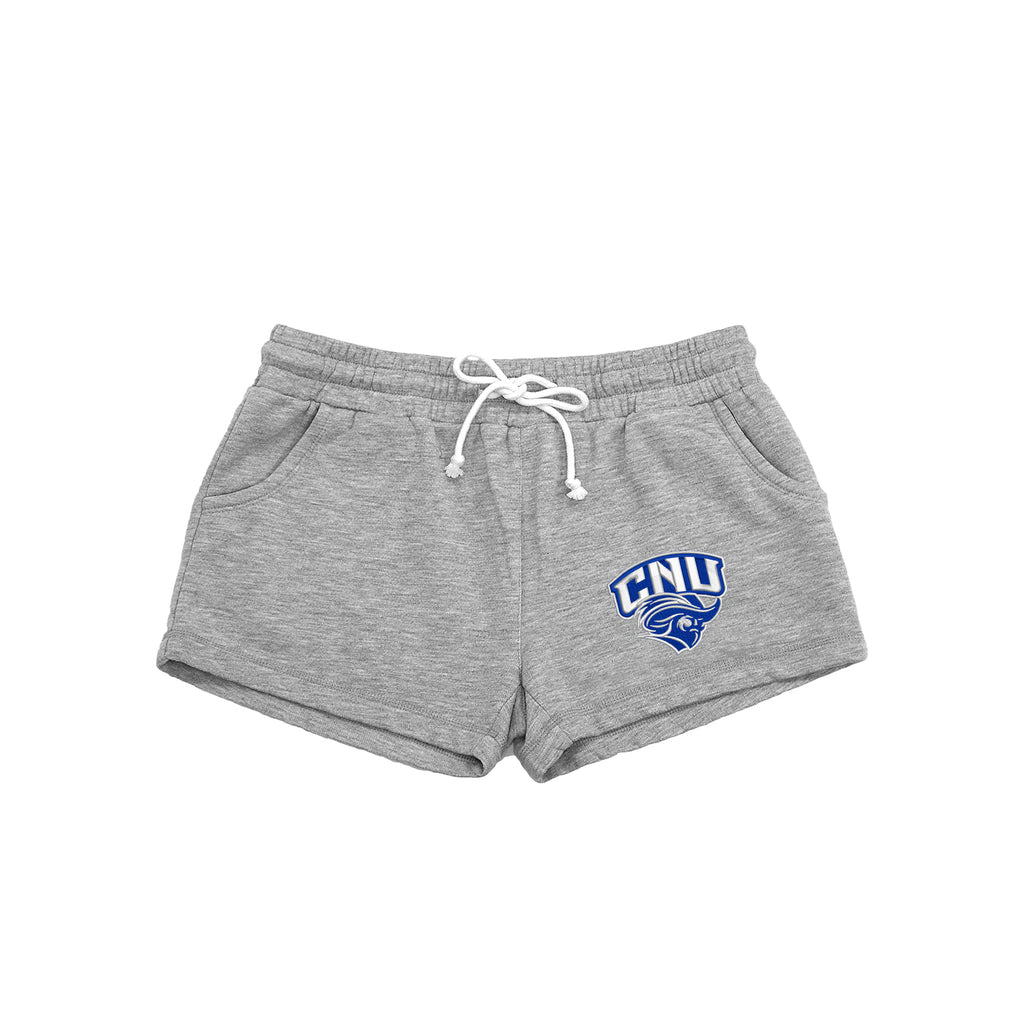 Christppher Newport University Rally Shorts.  Soft athletic grey shorts embroidered with the CNU Letters in royal blue on the left leg.