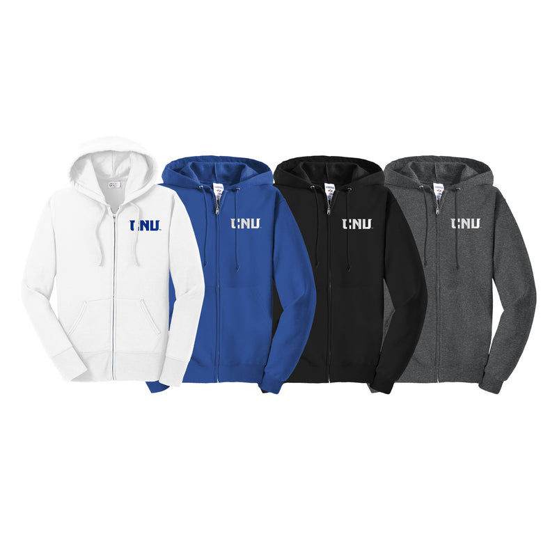 Christopher Newport University Zip up Hoodie.  Full zip hooded sweatshirt embroidered with the CNU letters on the left chest.  CNU Captains Hoody