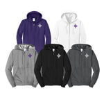 Furman Diamond F hoodie color chart.  Purple, White, Athletic Grey, Black, Dark Heather grey