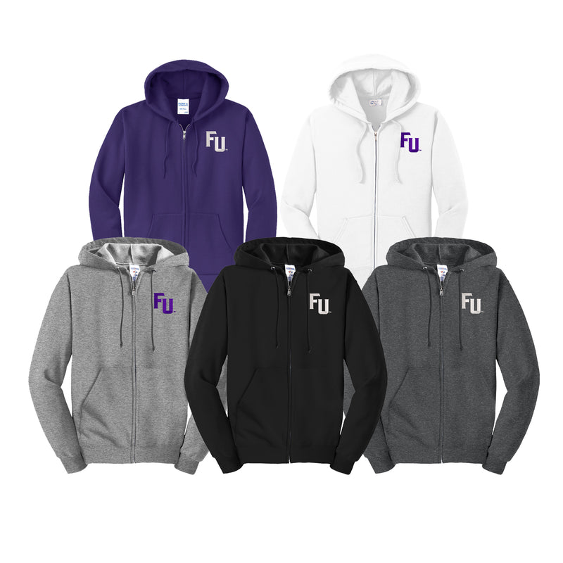 Furman FU Wordmark hoodie color chart.  Purple, White, Athletic Grey, Black, Dark Heather grey