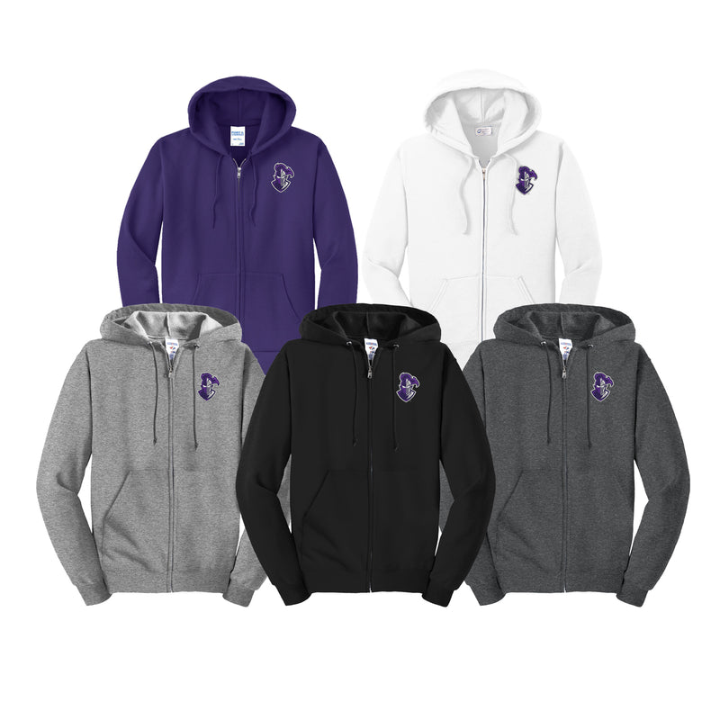 Furman Paladin hoodie color chart.  Purple, White, Athletic Grey, Black, Dark Heather grey
