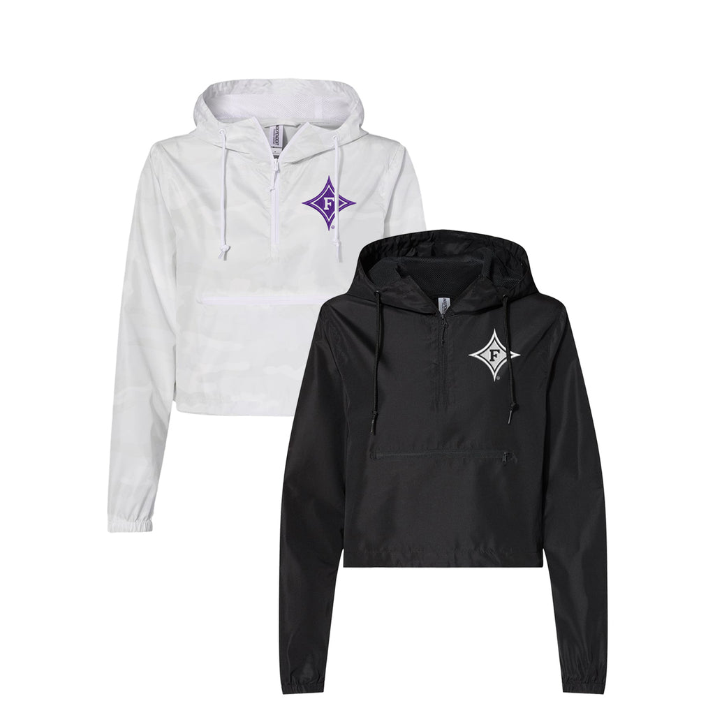 White camo cropped length windbreaker embroidered with the FU Wordmark in purple.