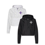 Cropped length windbreaker embroidered Furman Diamond F. White camo with purple or black with white.