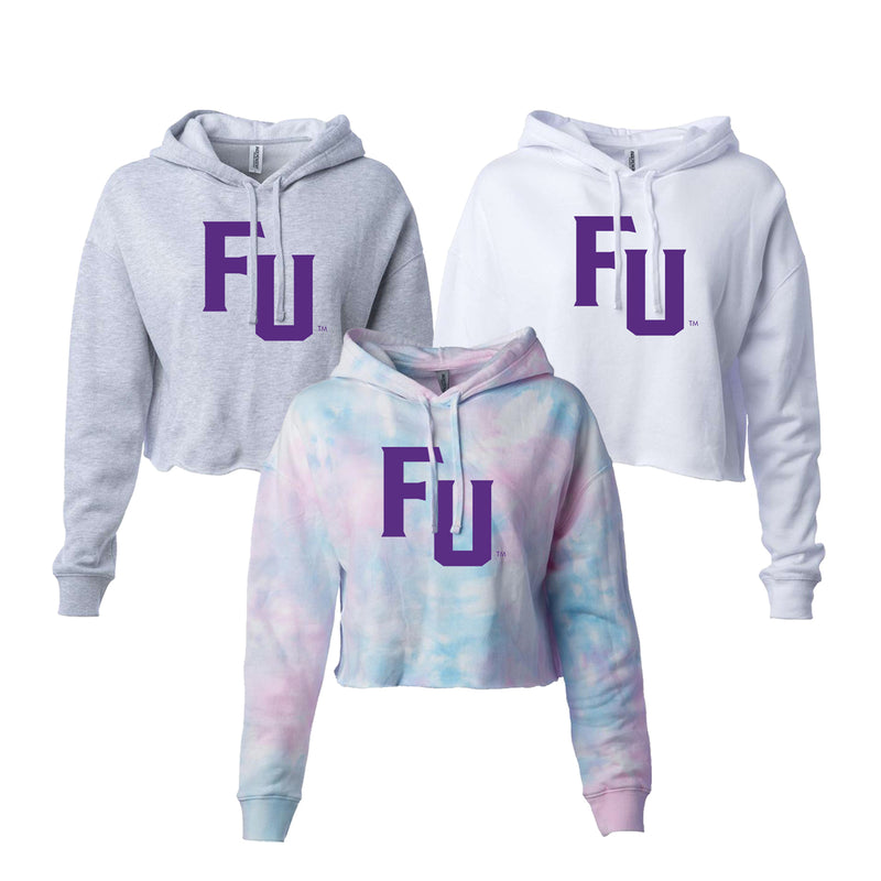 FU Wordmark hooded sweatshirts color chart. One heather grey, one white and one cotton candy tie dye all printed with FU wordmark in purple.