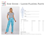 Ladies flannel pant size guide with pant measurements