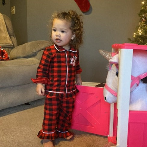 Personalized Plaid Ruffle Christmas Pajamas - Buffalo Plaid