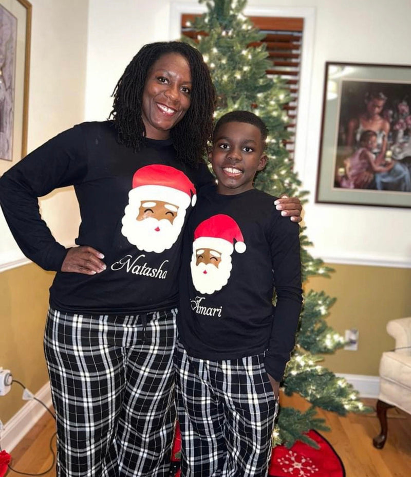 Black Santa Claus Christmas Matching Family Pajamas Black/White Plaid