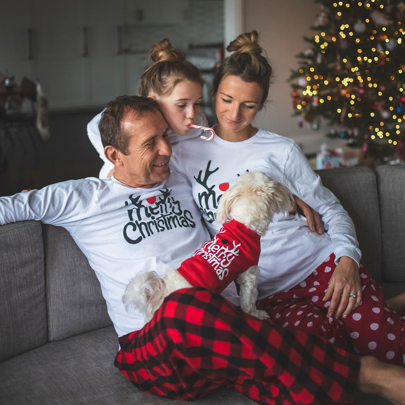 Merry Christmas Reindeer Matching Family Pajamas - Red/White Plaid Pants