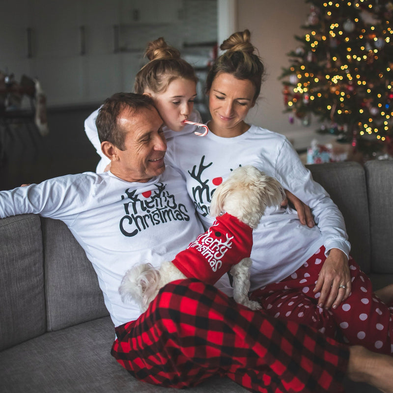 Merry Christmas Reindeer Matching Family Pajamas - Red/White Plaid