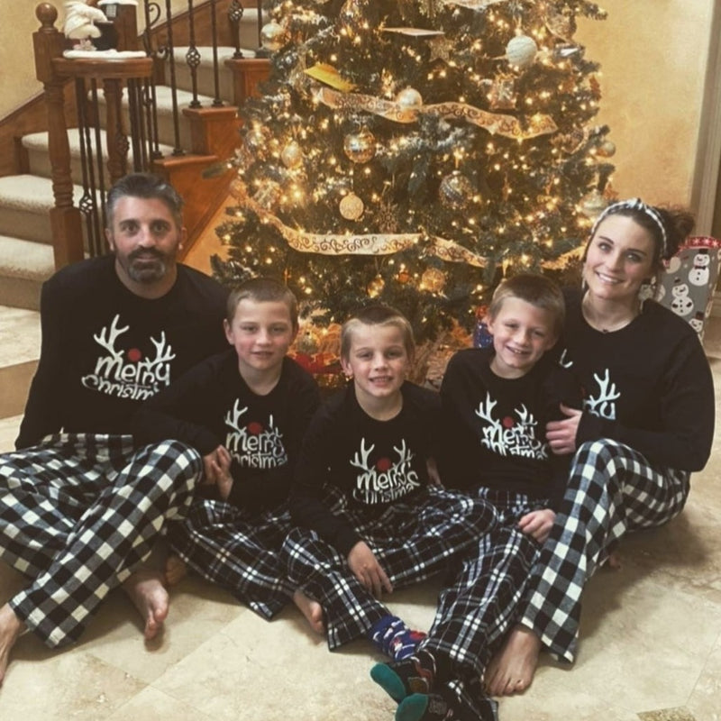 Merry Christmas Reindeer Matching Family Pajamas - Red/White Plaid Pants