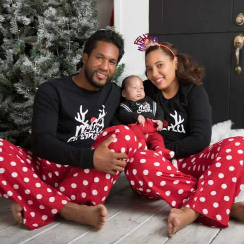 Merry Christmas Reindeer Matching Family Pajamas - Red/White Plaid Pants