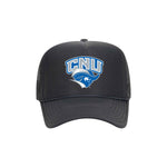 Christopher Newport University Trucker Hat. Black trucker hat printed with the CNU Captain Mascot on the front.  Old school foam trucker hat.  