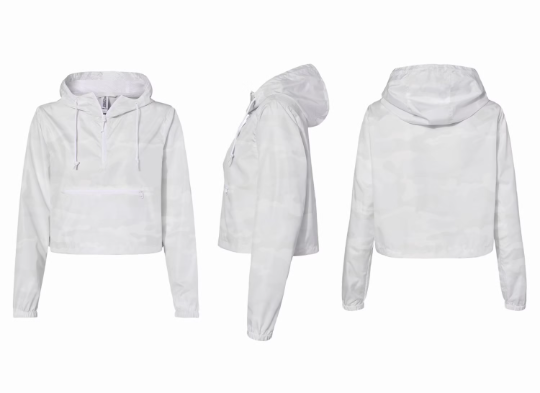 3 angles of the white camo crop windbreaker