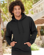 Male model in black hooded sweatshirt