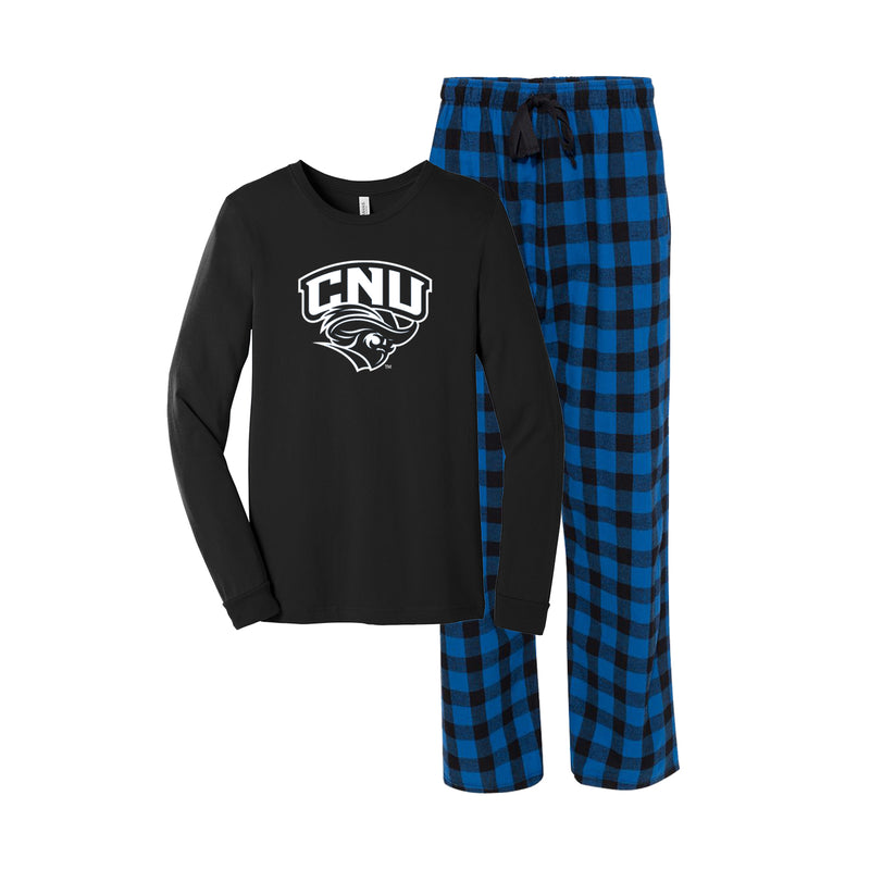 Christopher Newport University Flannel Pajama and Tshirt Set.  Black Long sleeve tshirt with the CNU Captain mascot in white.  Royal and black buffalo check flannel pants.