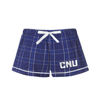 Christopher Newport University Flannel Boxer Shorts.  Flannel girls pajama bottom shorts embroidered with the CNU letters.  Available in Navy and Royal plaid.