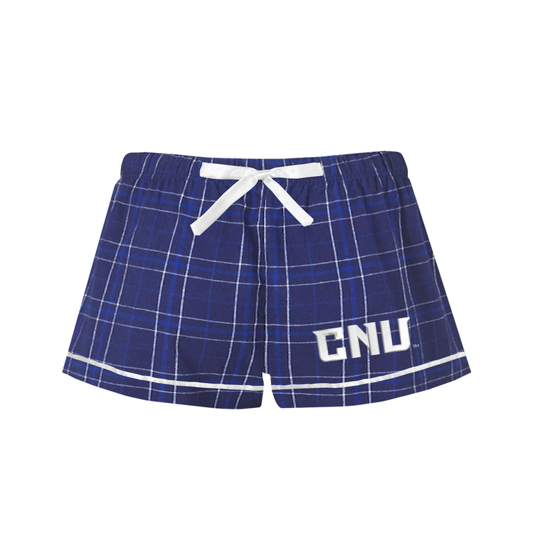 Christopher Newport University Flannel Boxer Shorts.  Flannel girls pajama bottom shorts embroidered with the CNU letters.  Available in Navy and Royal plaid.