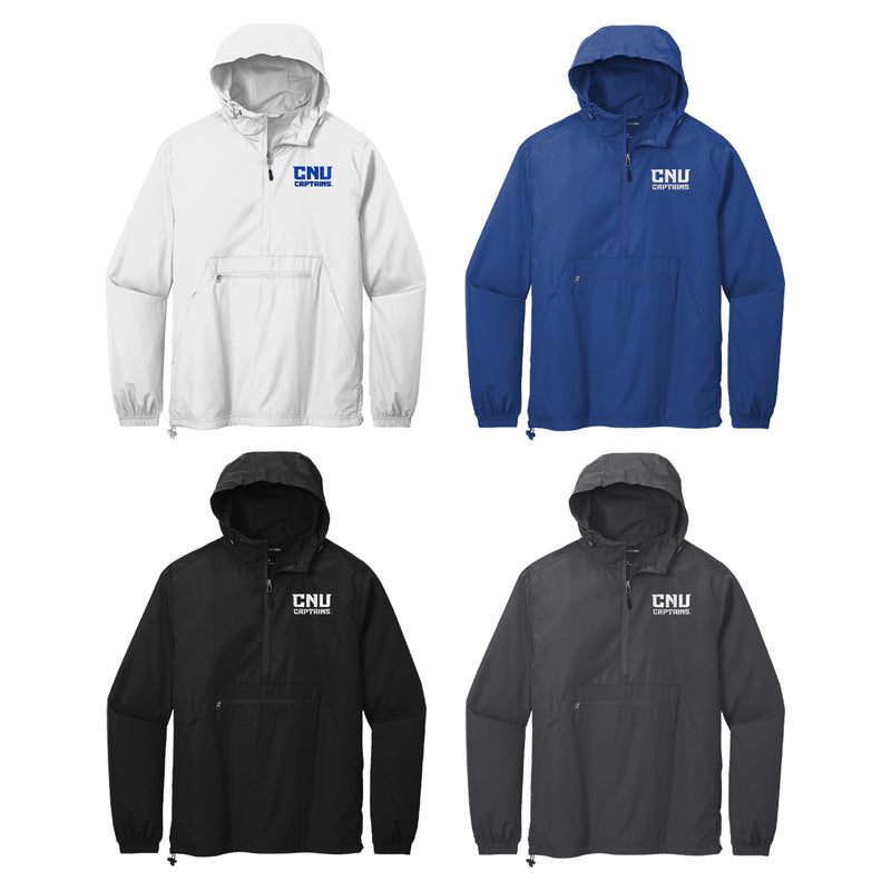 Christopher Newport University lightweight windbreakers. CNU Captains Windbreaker Embroidered with the CNU and CAPTAINS under the letters.  Choose from Black, Royal Blue or White CNU Windbreaker.  CNU Captains Anorak available in S thru 4XL sizes.