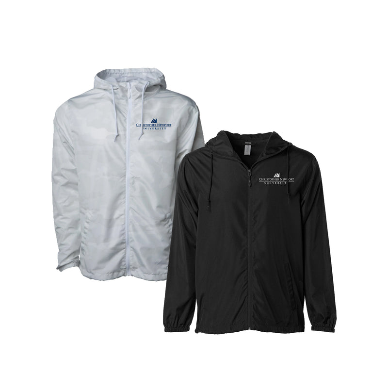 Christopher Newport University Jacket. Full Zip Windbreaker jacket embroidered with Christopher Newport University logo.  White Camo or Black. Unisex sizing Xs-3XL