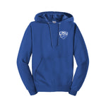 Christopher Newport University Hooded sweatshirt embroidered with the CNU Captain Mascot on the left chest. CNU Captain Logo Royal Blue Sweatshirt