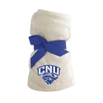Christopher Newport University Blanket.  Ivory tahoe fleece blanket embroidered with the CNU Captain Mascot Logo