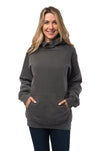 Female model in charcoal hooded pullover