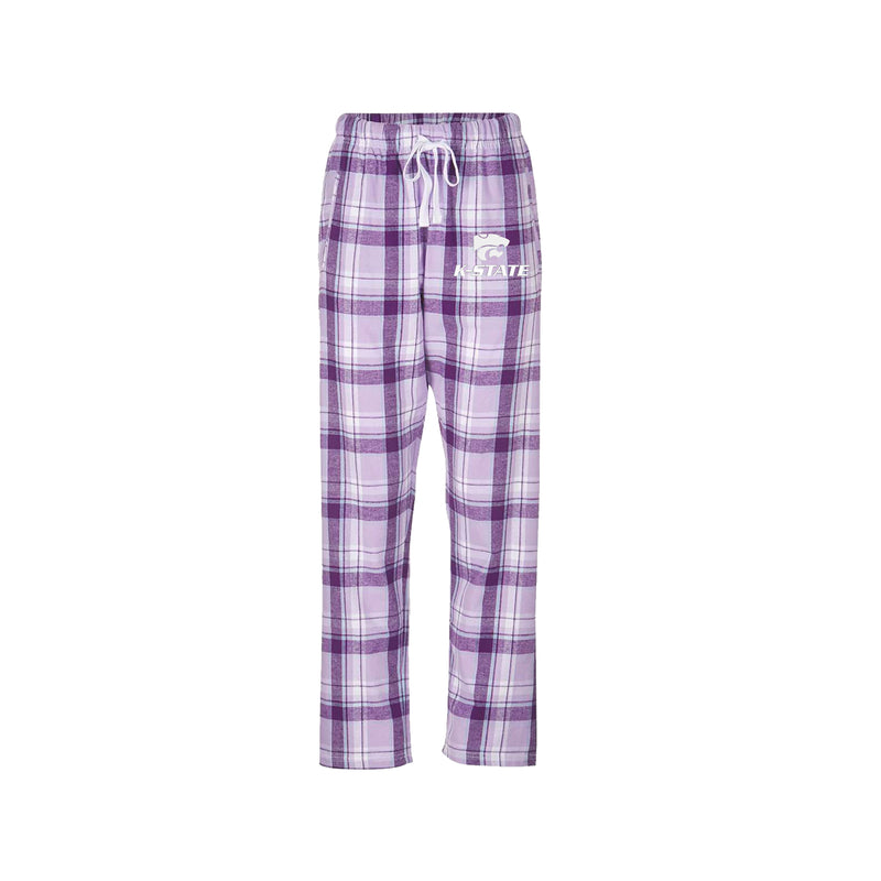 Lavender and purple plaid flannel pants with white Kstate Powercat logo embroidered on left left.  White ribbon drawstring.