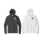 Furmam FU Wordmark Hooded sweatshirt color chart.  One Anthracite with white embroidery and one white with purple embroidery