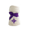 Beige tahoe fleece blanket embroidered with the Furman Diamond F in purple.  Shown rolled up with purple gross grain ribbon bow.