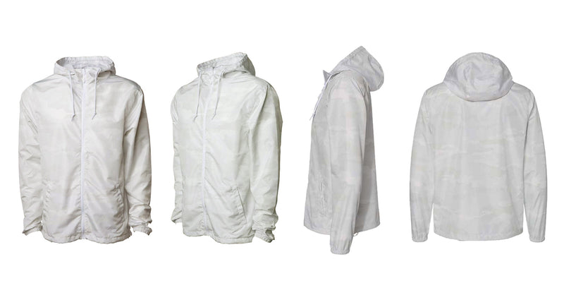 White camo zip up windbreakers shown in 4 different angles