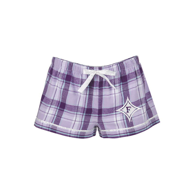 Ladies Flannel Boxer shorts.  Lavender with white ribbon bow drawstring.  Embroidered with whit Diamond F