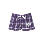 Ladies Flannel Boxer shorts.  Purple plaid with white ribbon bow drawstring.  Embroidered with whit Diamond F