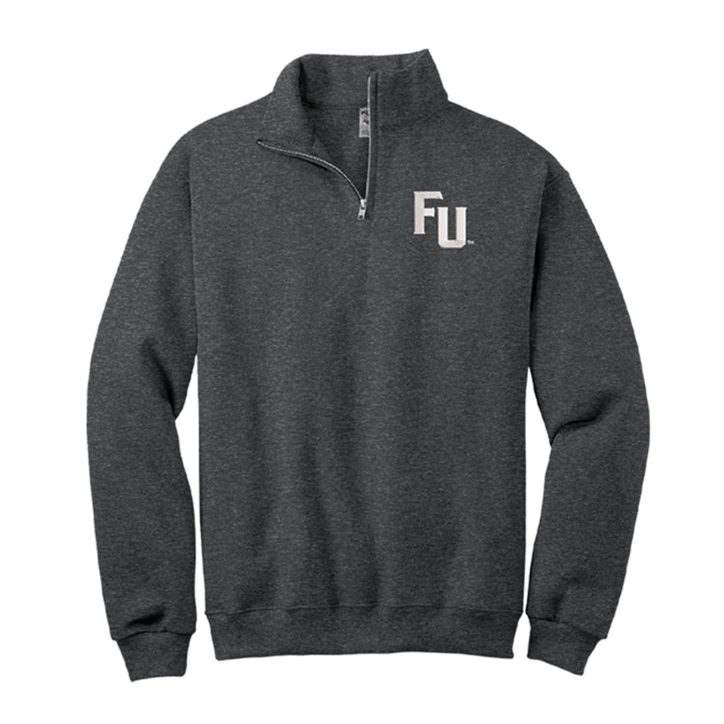 Dark heather grey qzip with white embroidered Furman FU Wordmark