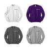 Color chart for Furman Wordmark crewnecks. white, purple, dark heather grey and athletic grey
