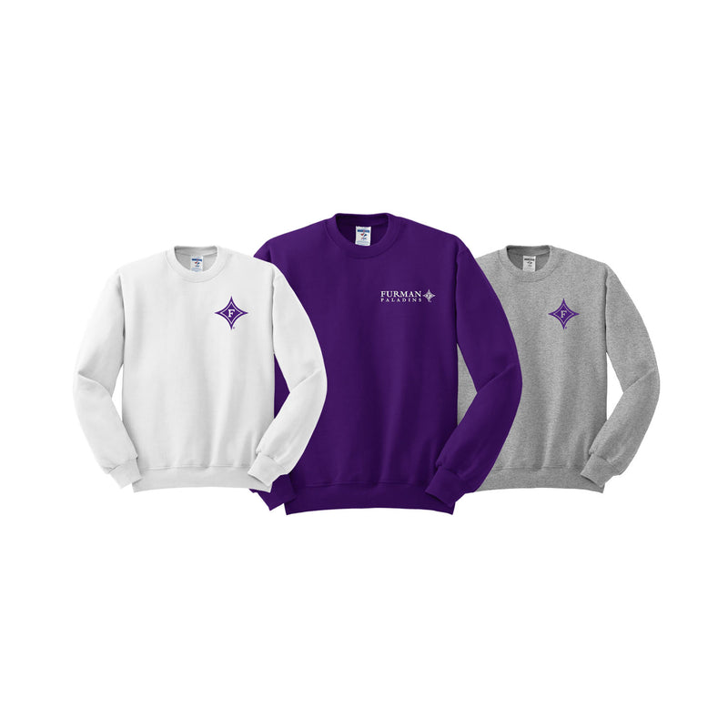 3 crewneck sweatshirts with the displaying the colors and logos available.  White with Diamond F, Purple with Furman Wordmark and Atheltic grey with purple Diamond f