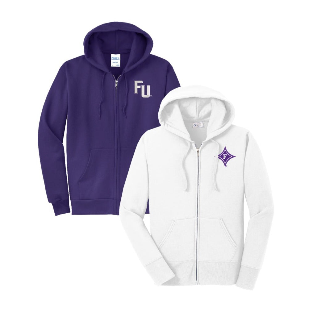 Athletic Grey Hoodie with Embroidered FU Wordmark in purple