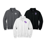 Trio of Quarter zip sweatshirts showing different furman logos available