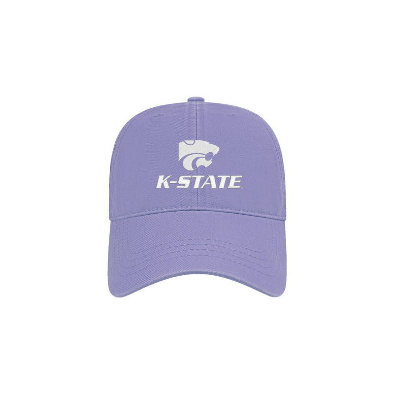 Lavender baseball hat embroidered with white K-state and Powercat logo.